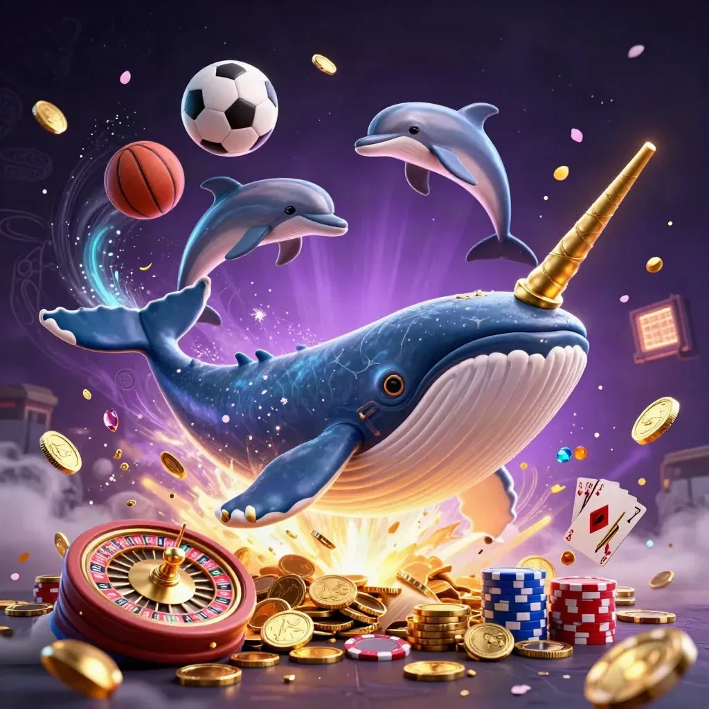 Whale, narwhal, and dolphins burst through coins with roulette wheel, chips, and balls in neon casino light.