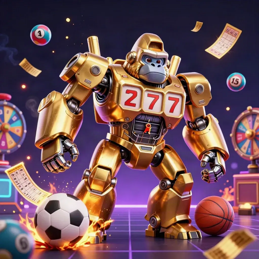 Golden gorilla slot mech amid jackpot balls, prize wheel, tickets, and sports props on a dark neon grid.