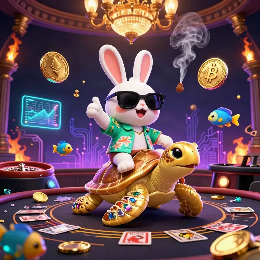 Lucky rabbit on a golden sea turtle amid neon casino symbols and glowing coins