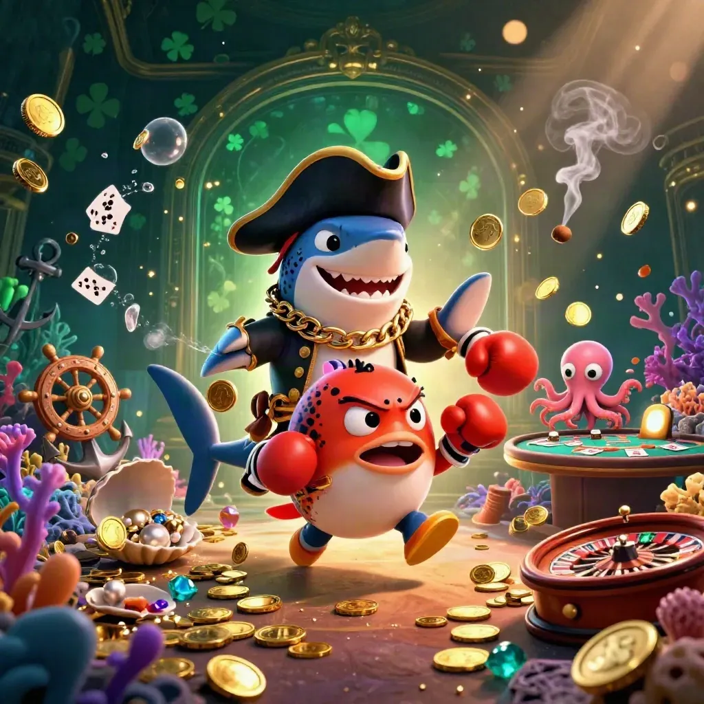 Pirate shark, boxing pufferfish, and coin-juggling octopus in a luxe underwater jackpot cove