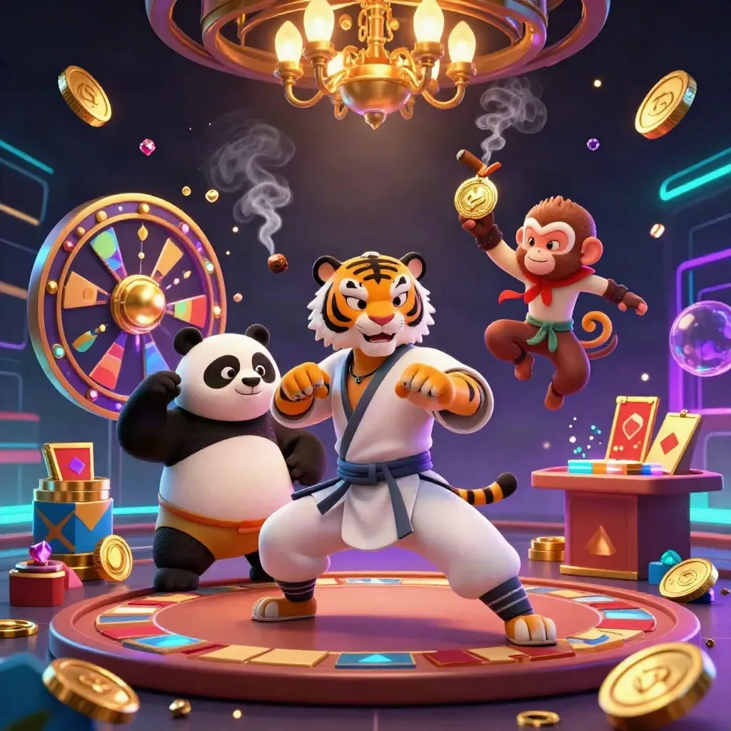 Kung-fu tiger, panda, and monkey amid casino coins, roulette, cards, chips, and neon glow.