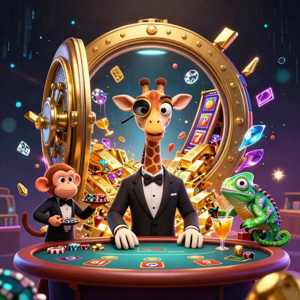 Giraffe high-roller, monkey valet and chameleon bartender amid a vault burst of gold and gems.