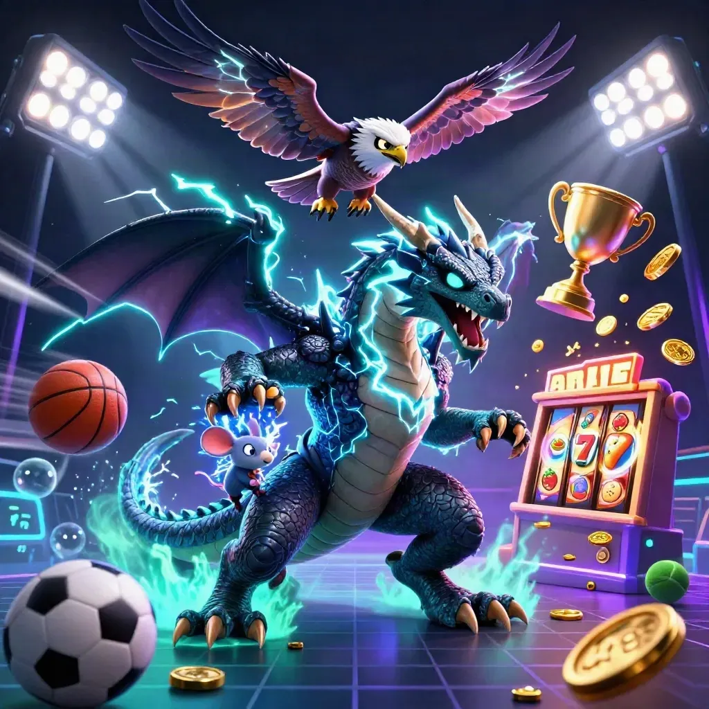 Thunder dragon, wind hawk, and static mouse amid casino jackpots, sports balls, coins, and neon glow.