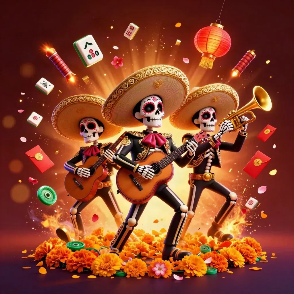 Three mariachi skeletons burst amid gold coins, lanterns, petals, and neon purple casino glow.