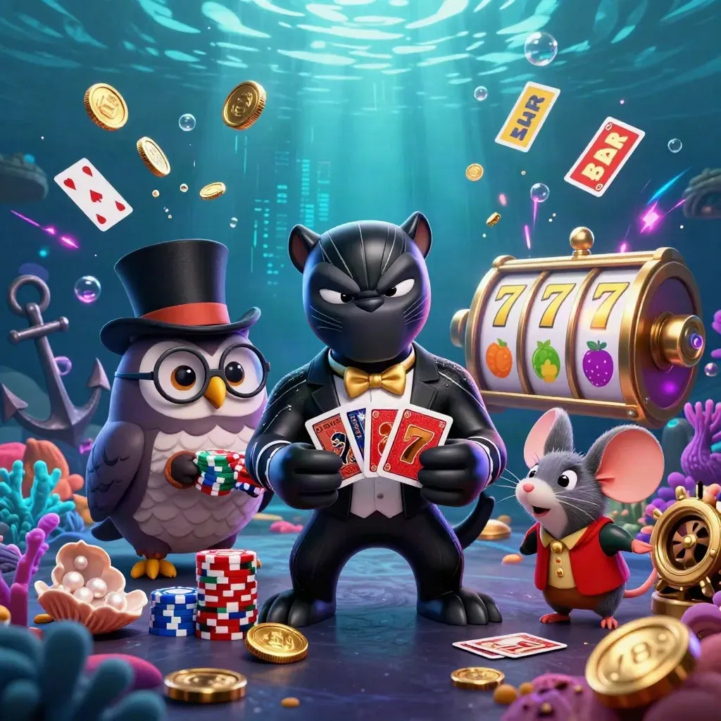 Panther, owl, and mouse in tuxedo gambling underwater with coins, cards, reels, and glowing coral.
